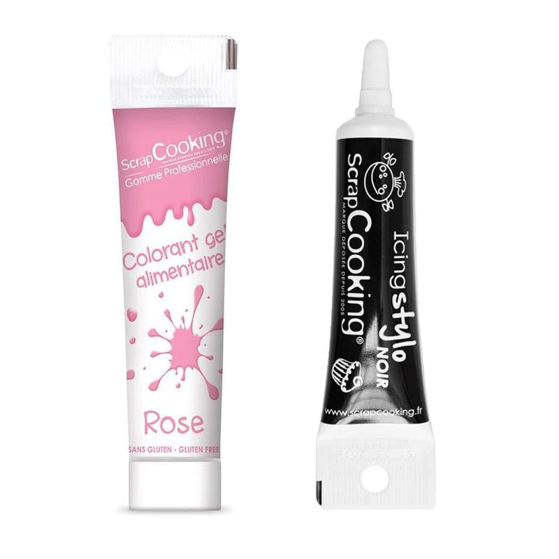Gel colorant alimentaire rose 20 g + Stylo glaçage noir Scrapcooking