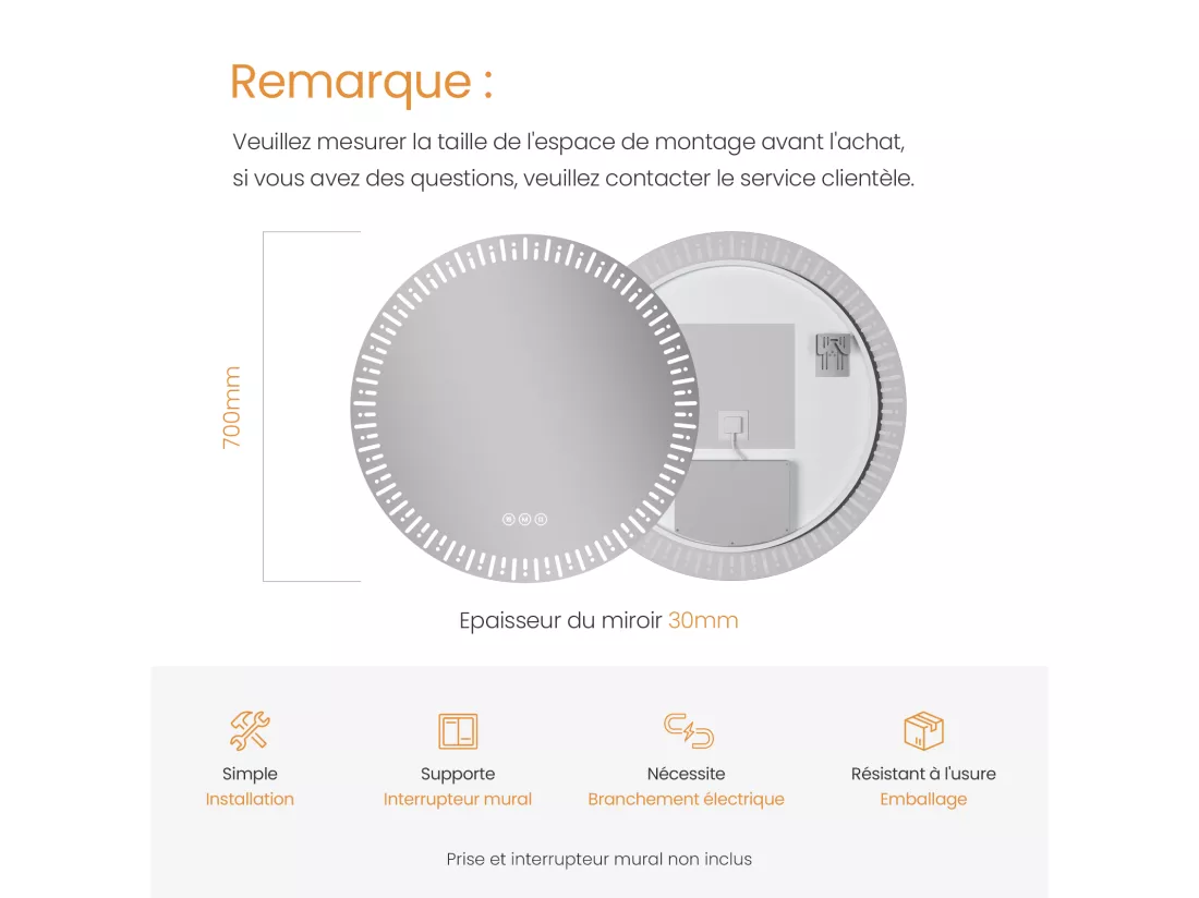 EMKE Miroir led salle de bain ф70 cm Miroir salle de bain lumineux avec 3 Couleurs de lumière réglables+Anti-buée, Économie d'énergie miroir led