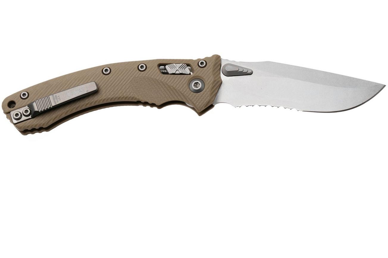 Microtech Amphibian 137RL-11FLGTTA, Stonewashed M390MK, Fluted Tan G10, partial serrated zakmes