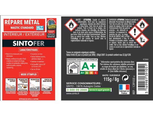 SINTO - Recharge pistolet à colle Mastic et durcisseur fer , mastic 115 g + durcis 10 gr