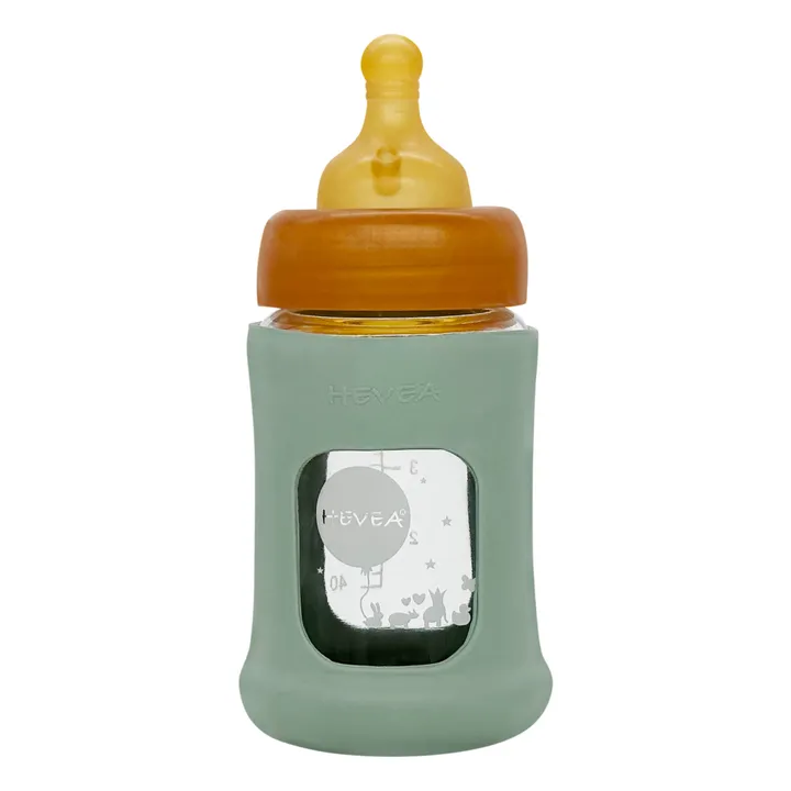 Hevea Biberon en verre à col large avec housse de protection Débit lent | Vert amande