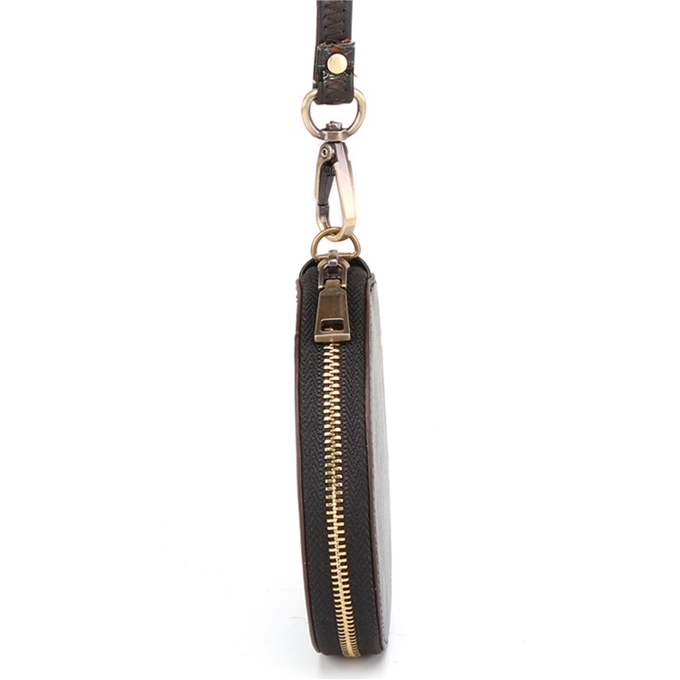 (Ø115mm) Leder Münzen Geldbörse Vintage Geldbeutel Portemonnaie mit Handschlaufe - Schwarz
