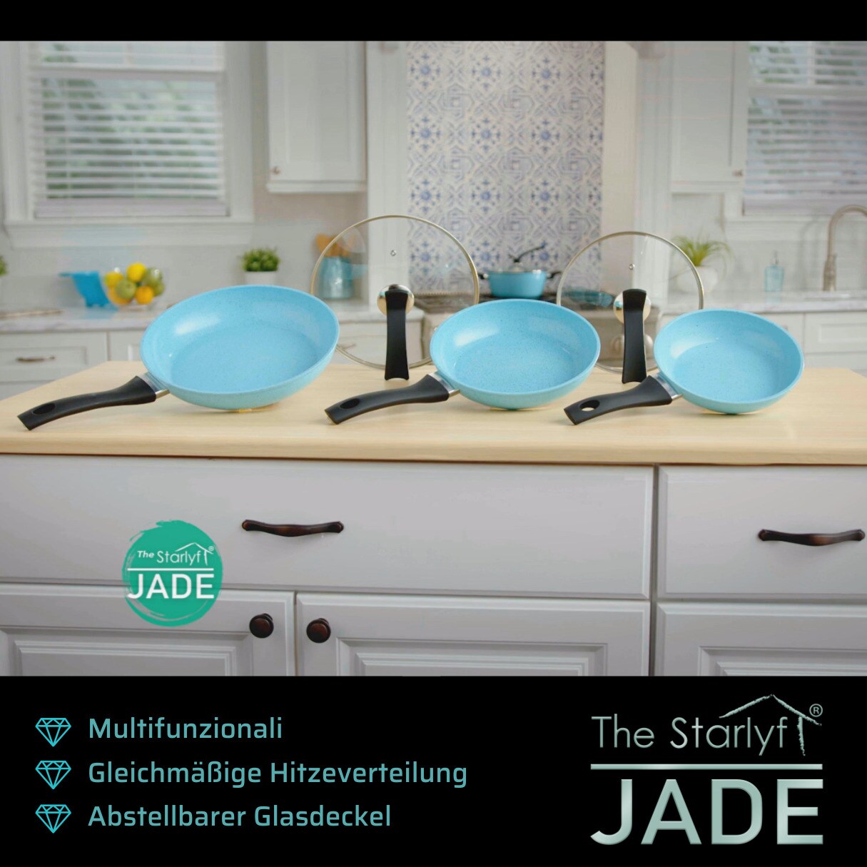 Starlyf® 3er Pfannenset Jade - Beschichtung - mit Glasdeckel Jade Pan Set