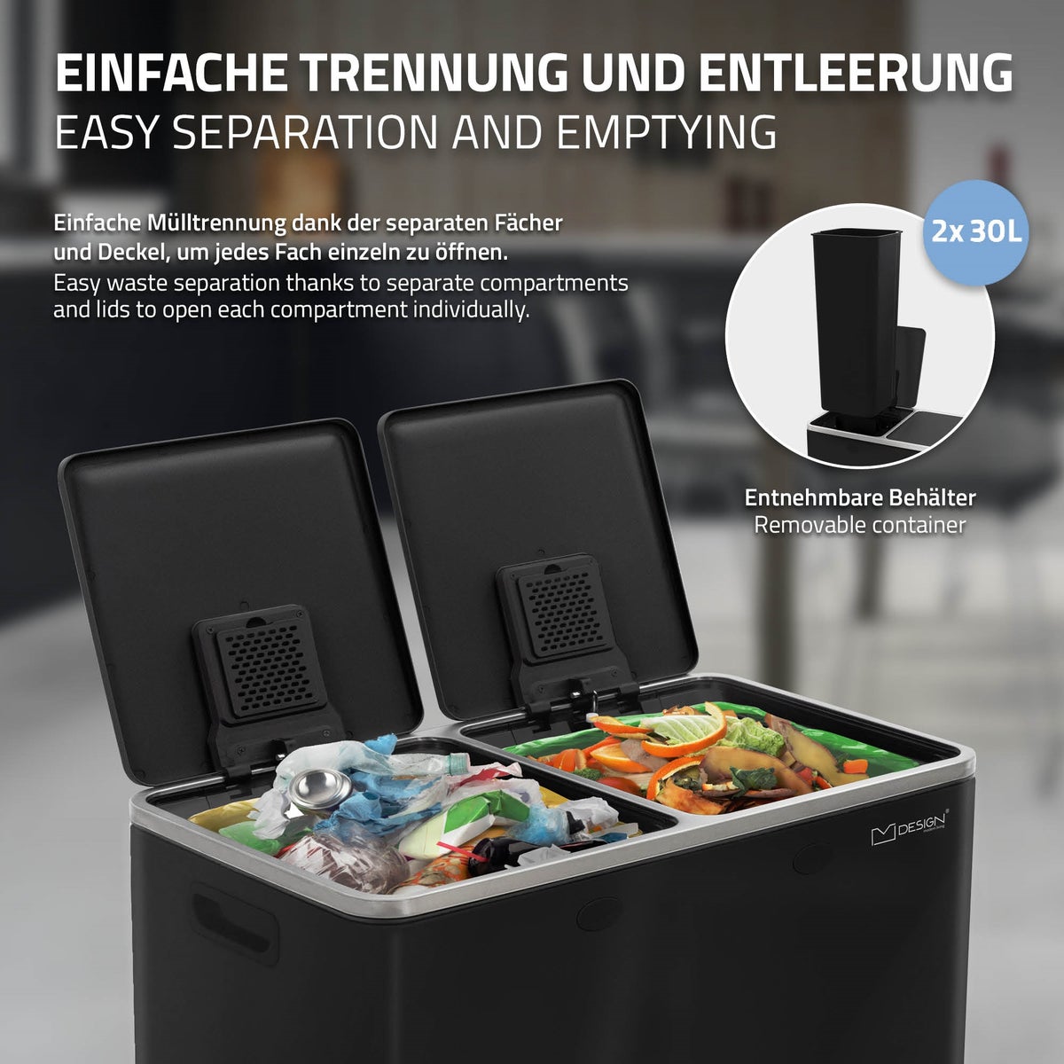 ML-Design Keuken Prullenbak 2x 30L (60L), Glanzend Zwart, Afvalscheidingssysteem met 2 compartimenten, Pedaalemmer voor afvalscheiding, Stalen bak, Uitneembare kunststof binnenemmer, Scharnierend deksel, Soft Close