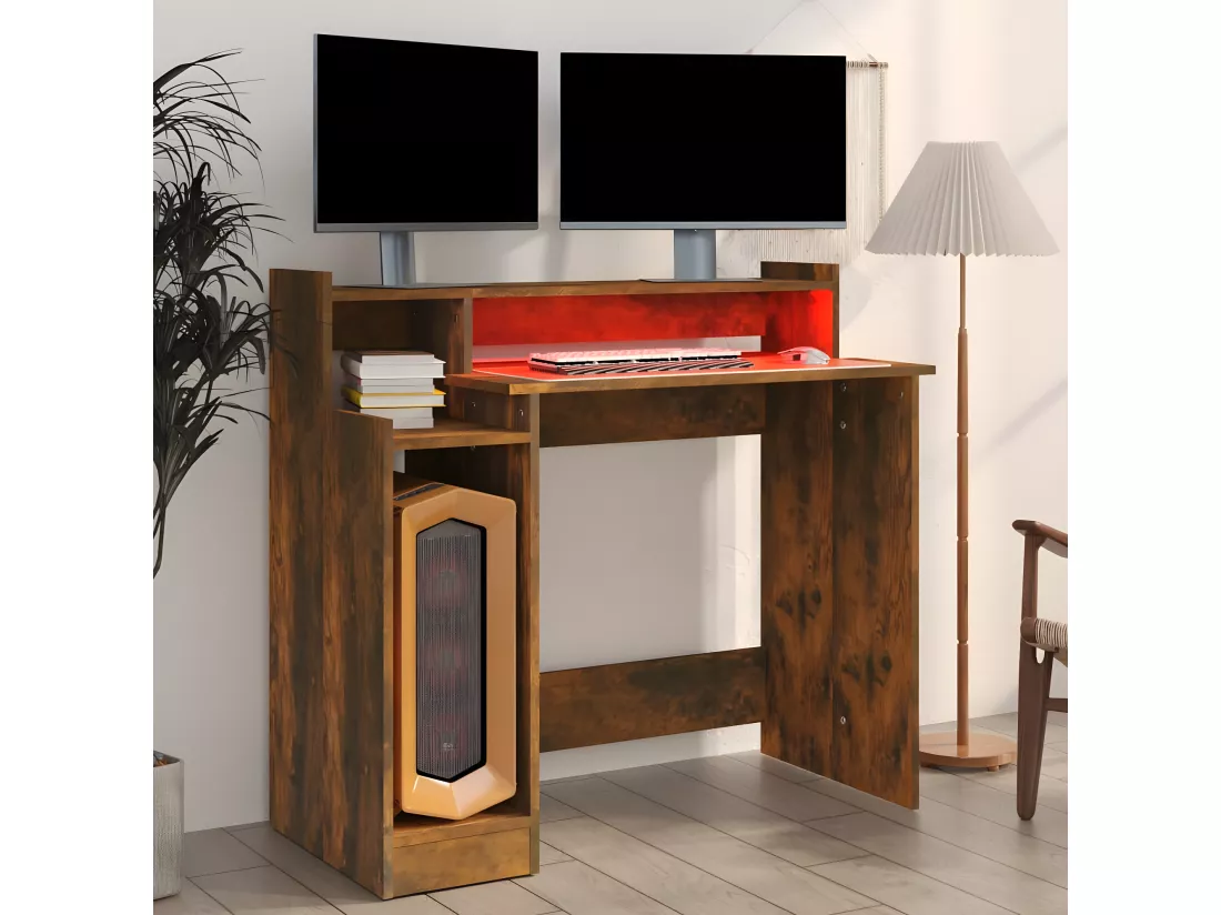 Bureau et lumières LED Chêne fumé 97x45x90 cm Bois d'ingénierie