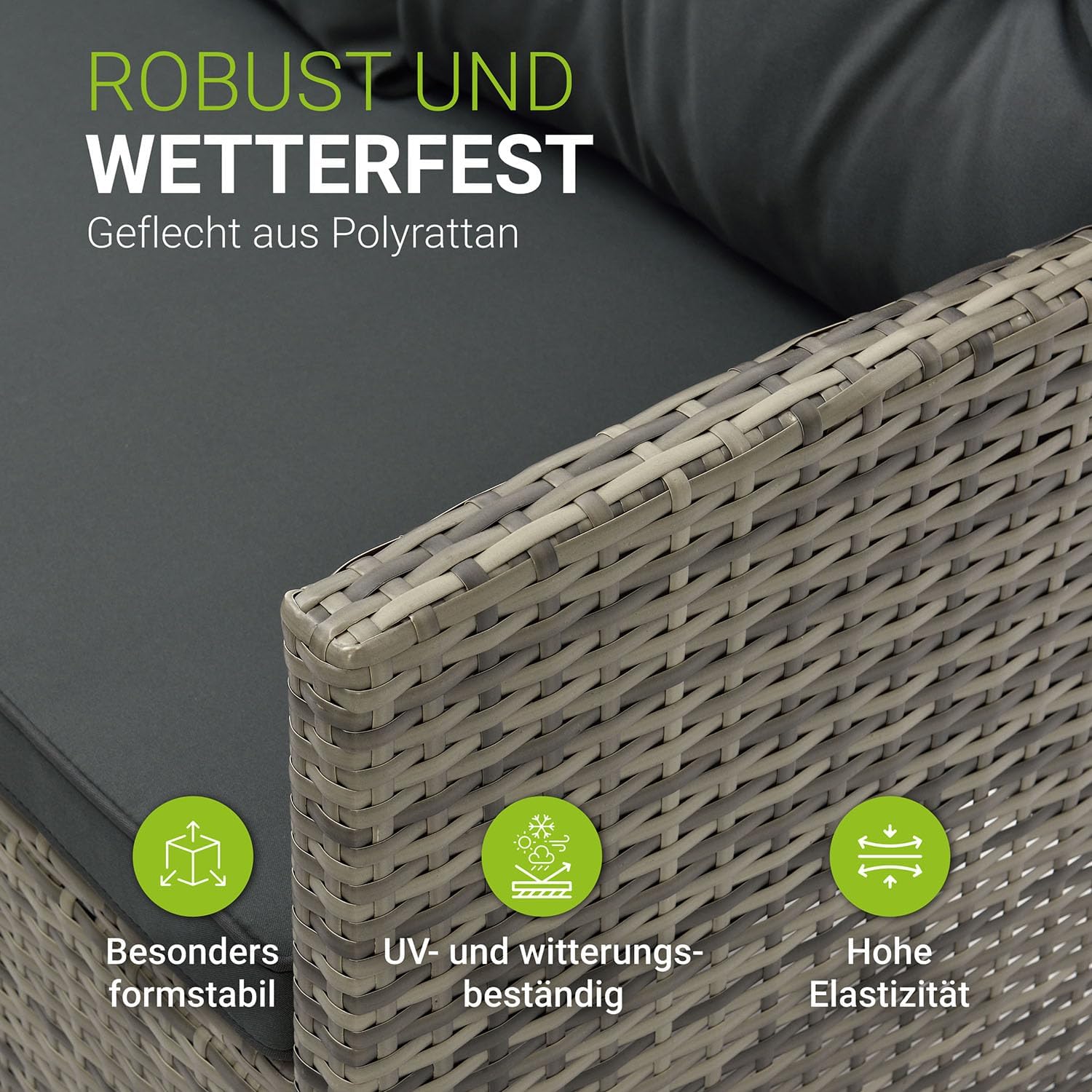 Juskys Polyrattan Lounge Manacor mit Ecksofa, Esstisch, 2 Hocker & Kissen - wetterfest bis 7 Personen - Bezüge waschbar - Rattan Garten Sitzgruppe Gartenlounge Gartenmöbel Set - Grau-meliert