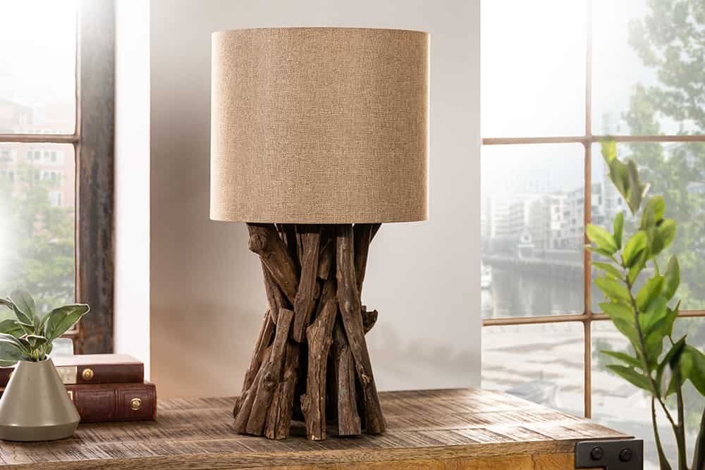 Massivholz Tischlampe HARMONY NATURE 50cm beige Teak mit Leinenschirm