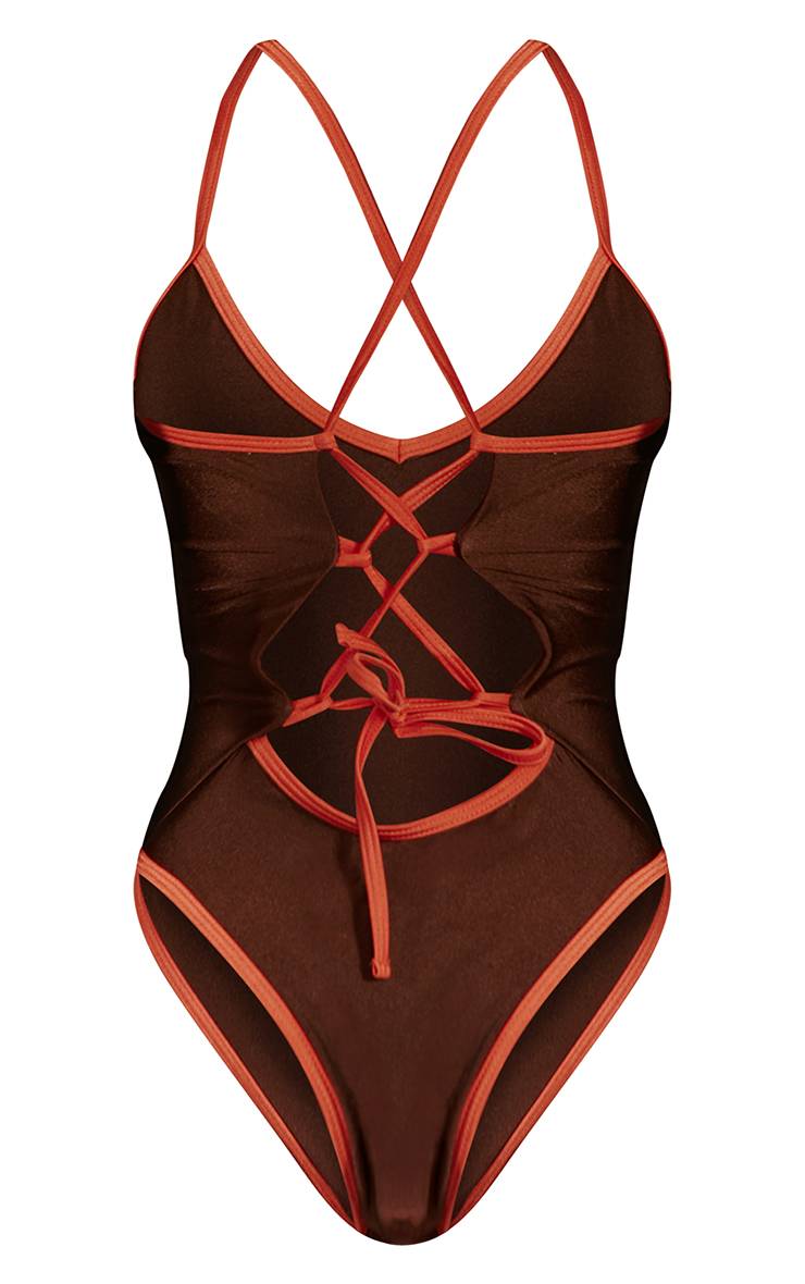 Chocolat Maillot De Bain Une Pièce Brillant À Dos Lacé