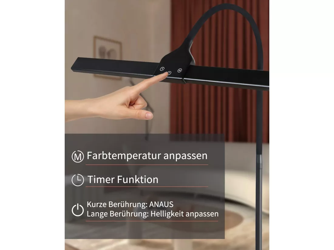 NETTLIFE Lampadaire LED Salon Dimmable Noir de lecture - Moderne Salon 10W Touch Lampe de bureau avec minuterie Lampe de lit Col de cygne réglable