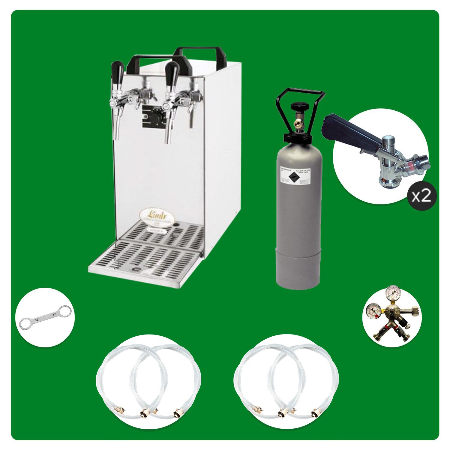 Komplett Set - Zapfanlage, Bierzapfanlage - Kontakt 40 2-leitig Trockenkühler, Durchlaufkühler 50 Liter/h, Green Line, Korb,Flach