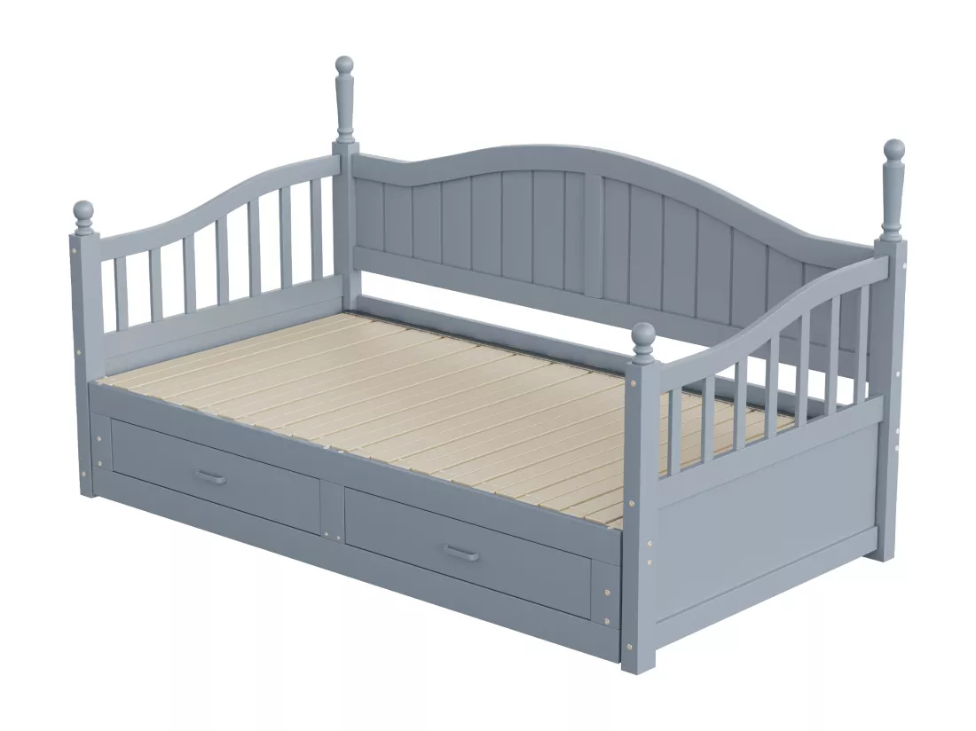 Canapé-lit pliant en bois massif - avec colonnes romaines - dossier et accoudoirs courbés - avec 2 tiroirs - gris (matelas non inclus)