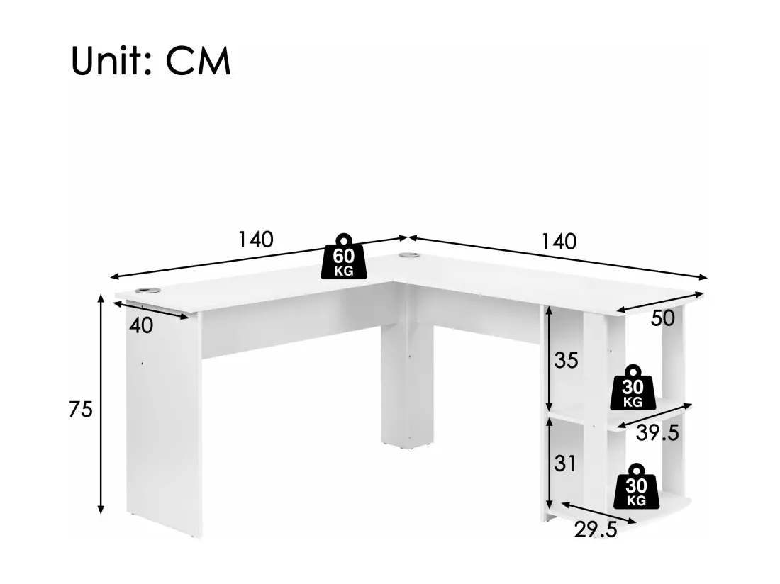Bureau d'angle blanc-conception en l,d140cm×h75cm