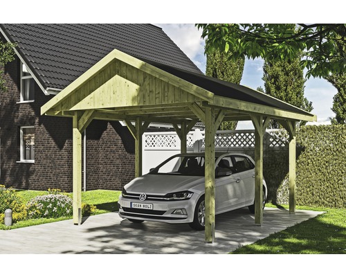 Enkele carport SKAN HOLZ Wallgau inclusief zwarte shingles en H-paalankers 380 x 500 cm geïmpregneerd