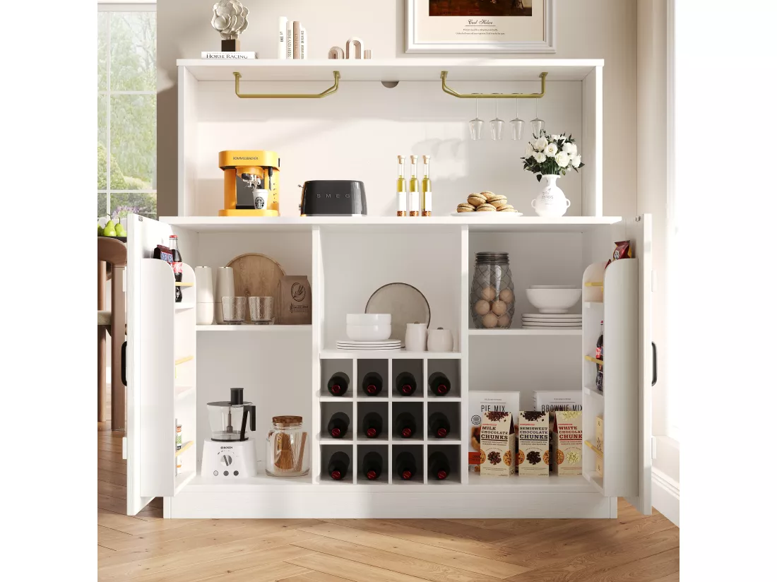 Buffet avec avec 3 portes et 12 Porte-Bouteilles - 120 x 40 x 120 cm - MDF - pour salon, salle à manger - Blanc
