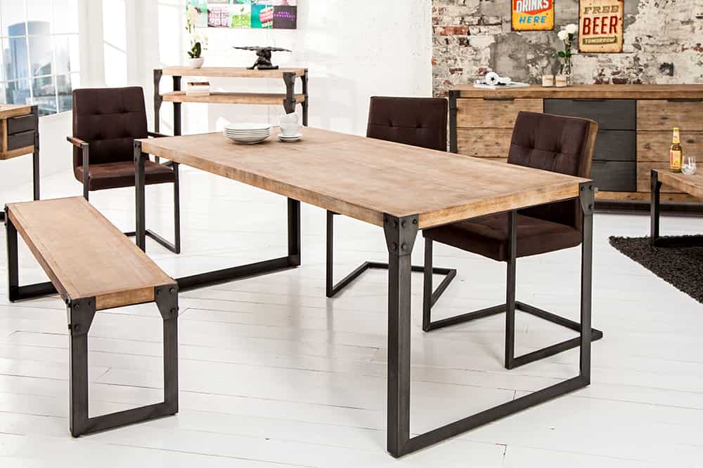 Industrial Design Esstisch FACTORY 160cm Akazie teak-grau weiß gekälkt Metallbeine Kufe