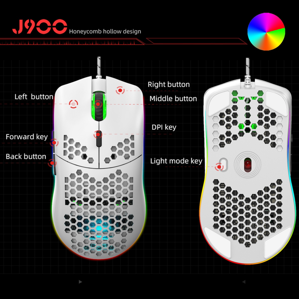 Lett kablet gamingmus med RGB-belysning, 6 justerbare DPI, 6-knapper Hvit