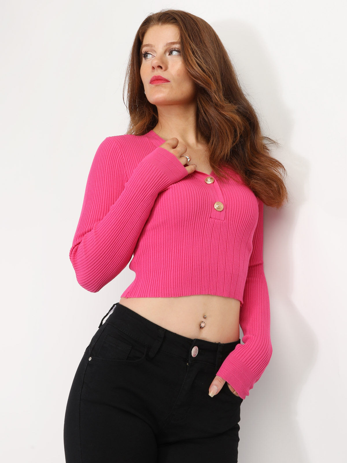 Top côtelé à boutons dorés- Fuchsia