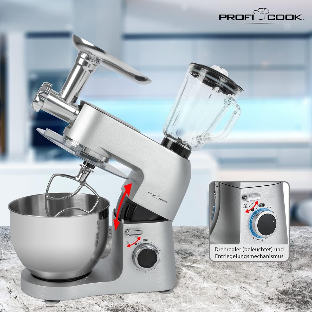 ProfiCook Knetmaschine | Universalküchenmaschine | 3in1 | 8 Geschwindigkeitsstufen | 1500 Watt | 6,7 Liter Edelstahlschüsse | Glas Mixer 1,5 Liter | Fleischwolf | Beleuchteter Drehregler | PC-KM 1189