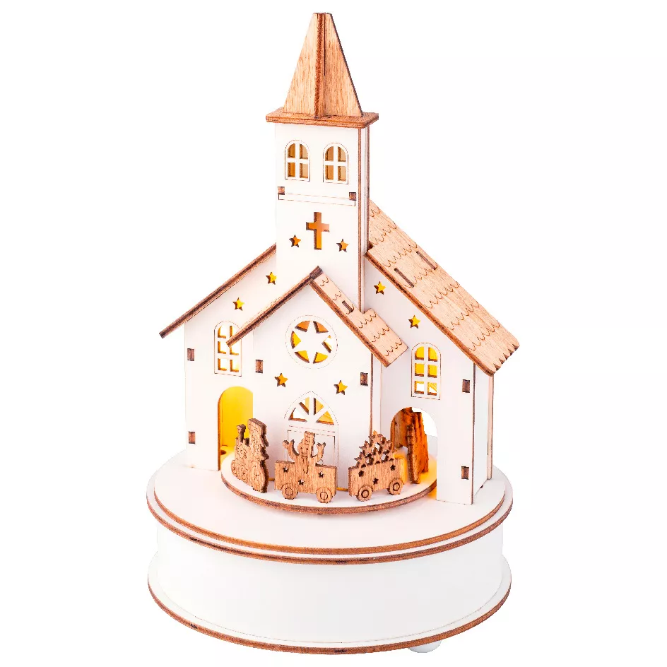 Village de Noël en bois lumineux et musical à piles (H24 cm) Église et train