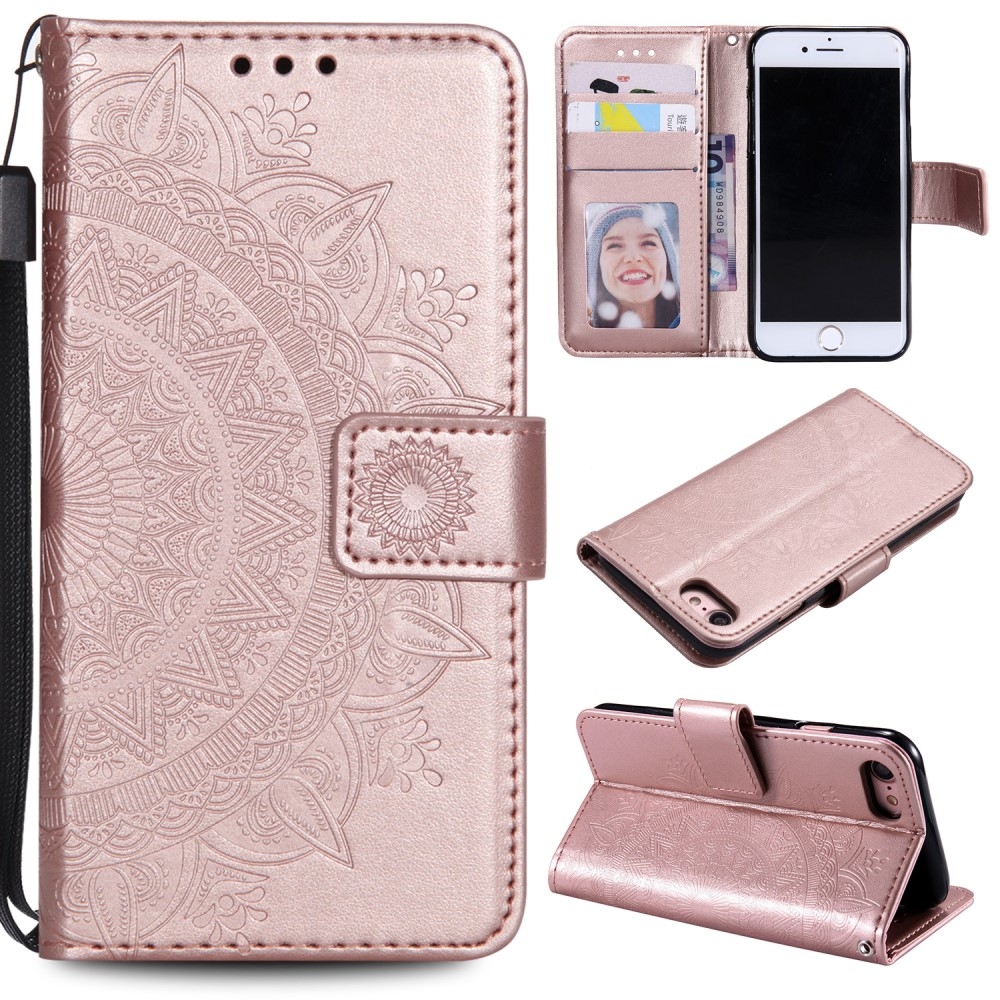iPhone SE (2022/2020) / 8 / 7 / 6S Leder Tasche Wallet - Mandala Flowers Imprint - Roségold