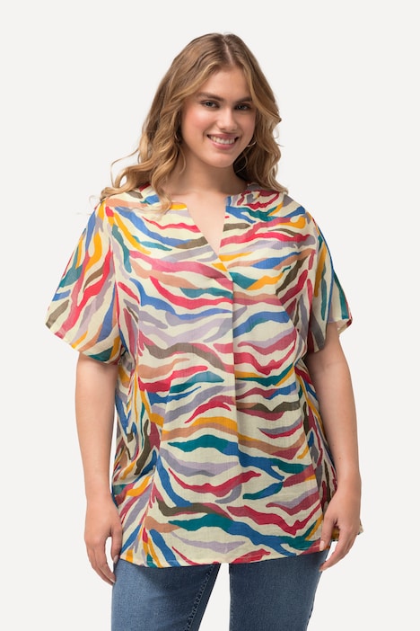 Bluse, A-Linie, Tunika-Ausschnitt, Halbarm