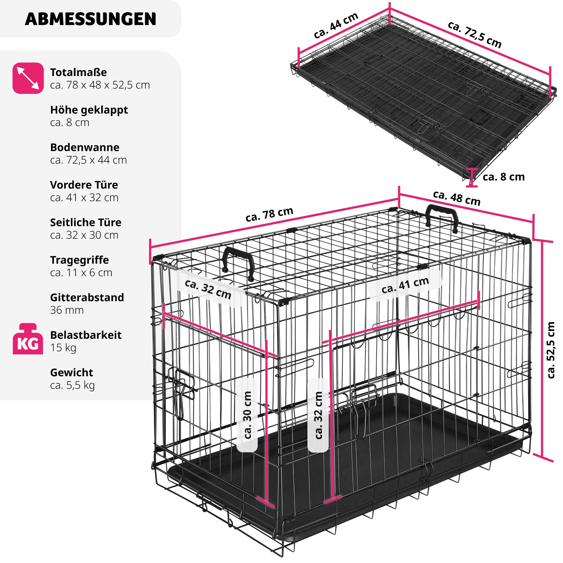 tectake® Hundekäfig-Gitterbox, klappbar, mit 2 Tragegriffen, 2 große Türen mit Doppelverriegelung, herausnehmbarer Boden, abgerundete Ecken