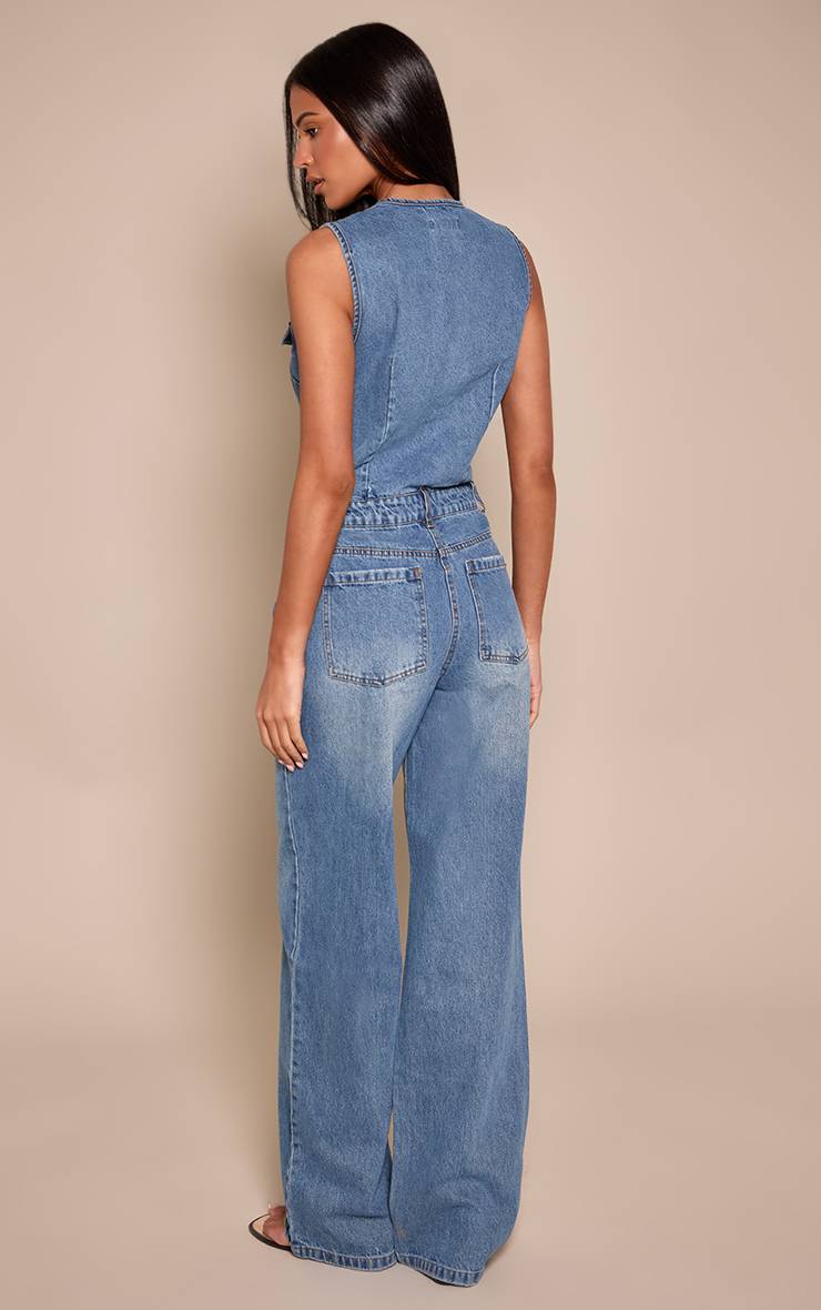 Mid Blue Wash Combinaison En Jean Sans Manches Style Chemise Pour Grande Taille