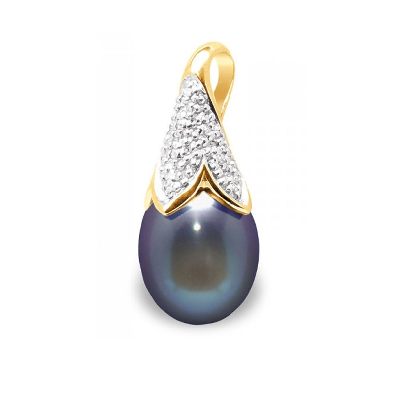 Pendentif Perle de Culture d'eau douce Noire, Diamants et Or Jaune 750/1000