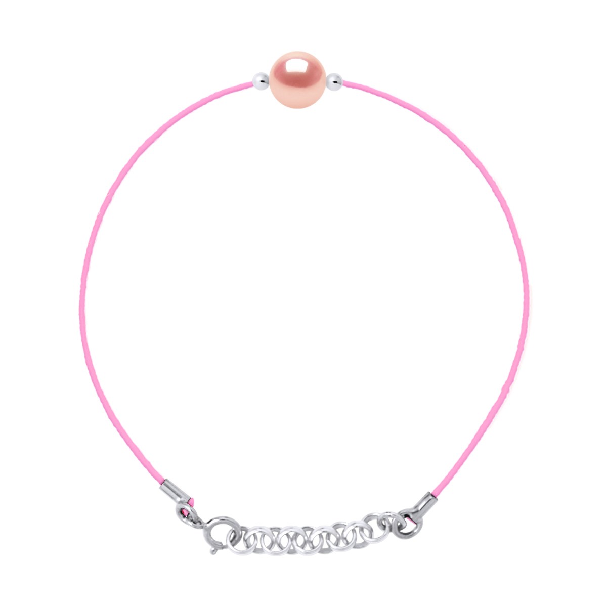 Bracelet LOVE LINK Perle d'Eau Douce Ronde 9-10 mm Rose Lien Nylon Rose Argent 925