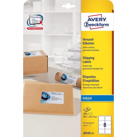 Avery Zweckform J8165-25 Versandetiketten,A4 99,1 x 67,7 mm, 25 Bogen/200 Etiketten, weiß