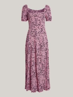 Vestido longo com estampa animal e mangas bufantes