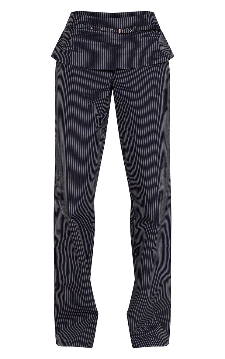 Bleu Marine Pantalon À Rayures Fines Avec Taille Repliée Et Détail Ceinture