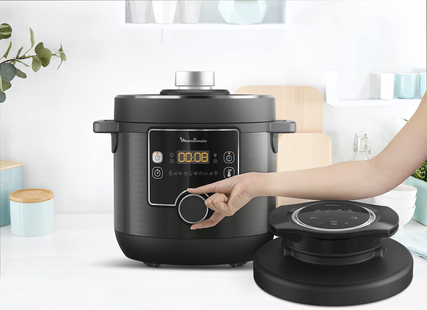 Moulinex Turbo Cuisine & Fry CE7788-2 in 1: Elektrischer Schnellkochtopf und Luftfritteuse bis zu 1450 W Leistung, antihaftbeschichtet, 15 automatische Programme, Timer, Zubehör, schwarz