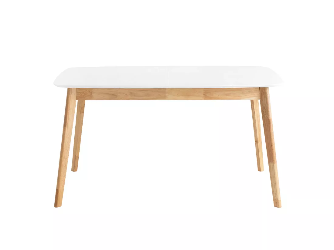 Table rectangulaire extensible scandinave blanc brillant et pieds bois clair Askin 140 à 180cm