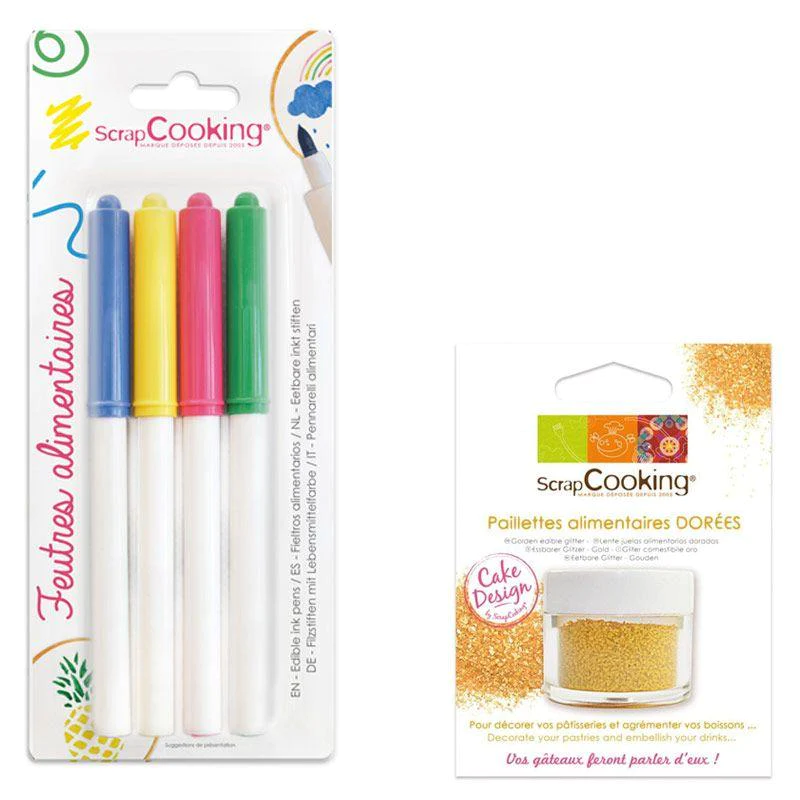 4 feutres alimentaires jaune, vert, rose, bleu + paillettes dorées Scr