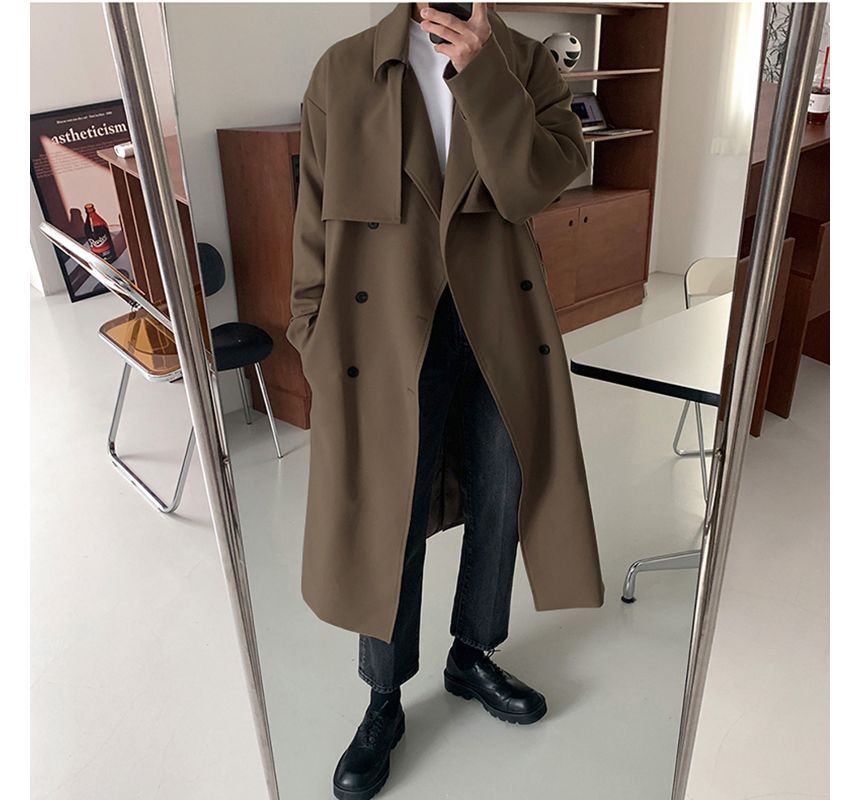 Freehop - Effen midi-trenchcoat met dubbele rij knopen