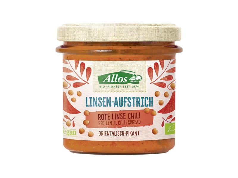 Allos Bio Linsen-Aufstrich Rote Linsen Chili Glas 140 g Pflanzlicher Brotaufstrich mit roten Linsen