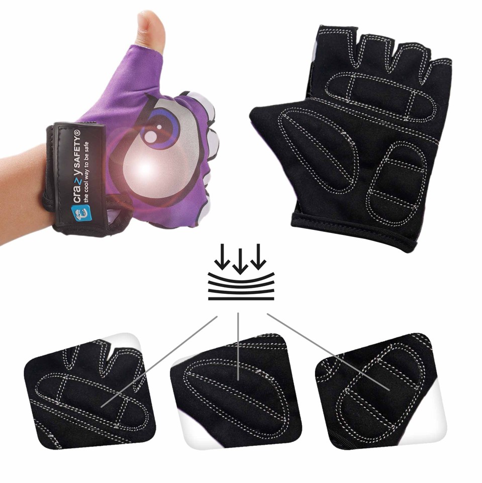 Crazy Safety - Lilla børnecykelhandsker med reflekterende øjne, polstrede håndflader - Purple - Size S