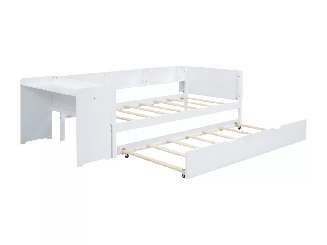 Lit gigogne 90 x 200 cm + 90 x 180 cm avec bureau et 3 étagères - bois massif de pin - sommier à lattes - blanc