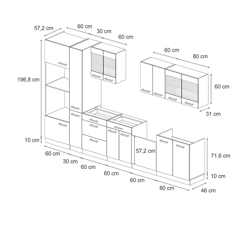 Vicco Küchenzeile Küchenblock Einbauküche R-Line 350 cm Eiche Bordeaux Hochglanz Küche