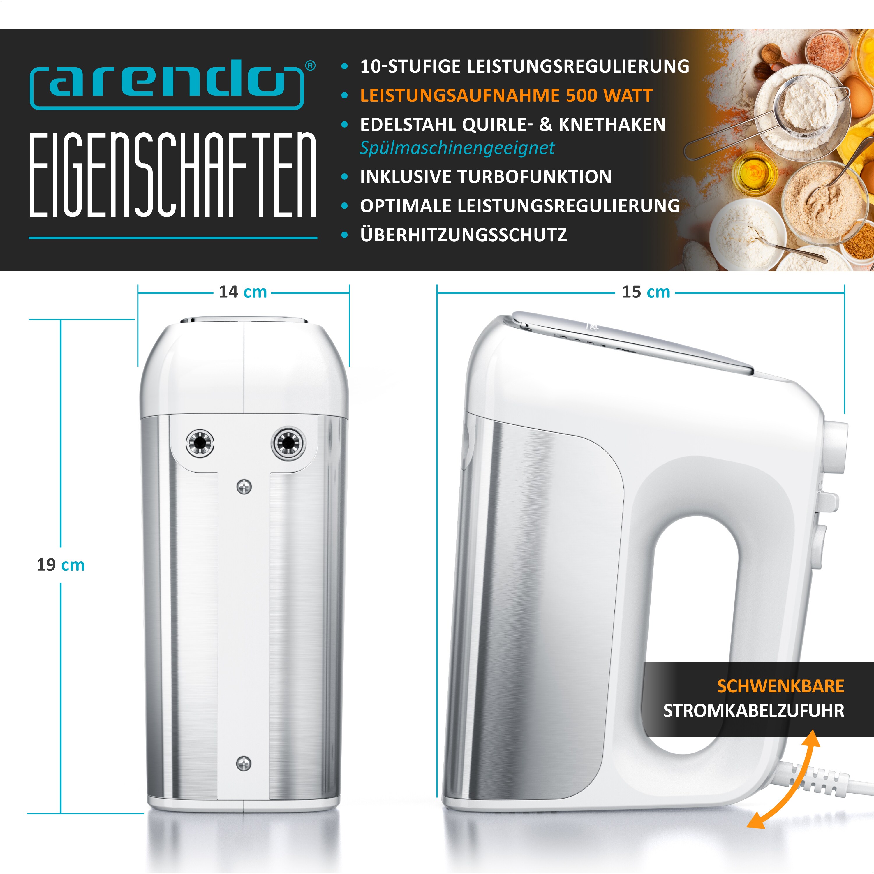 Arendo Elektrischer Handmixer Handrührer - inkl. 2 Quirle und 2 Knethaken aus Edelstahl - Handrührgerät - Hakenentriegelung - Turbotaste