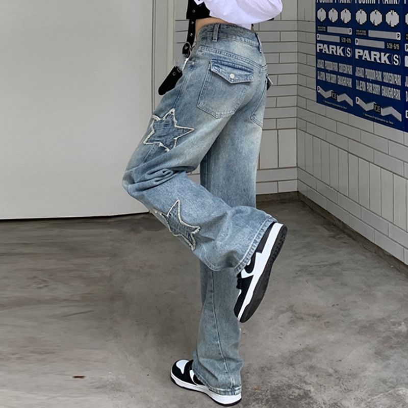 Sosana - Low Rise Star Applique Straight-Fit Jeans