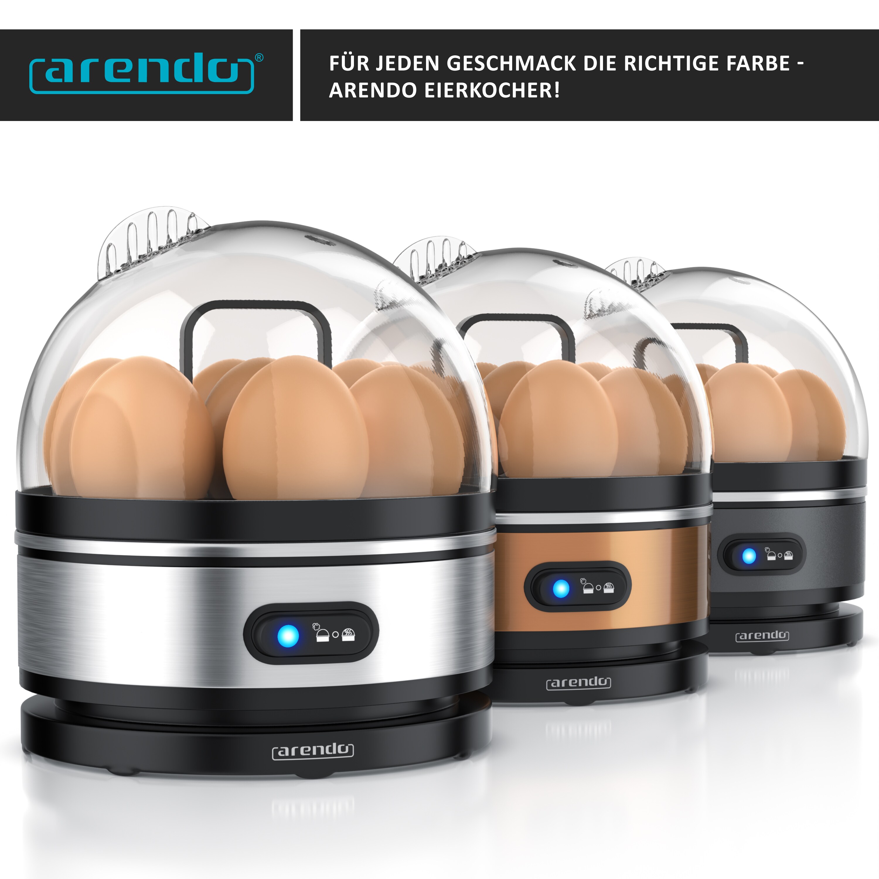 Arendo Eierkocher für 7 Eier, Edelstahl, 400 Watt, Kipp-Funktionsschalter, 3 Härtegrade wählbar, Warmhaltefunktion, Signalton - BPA-frei, Sevencook