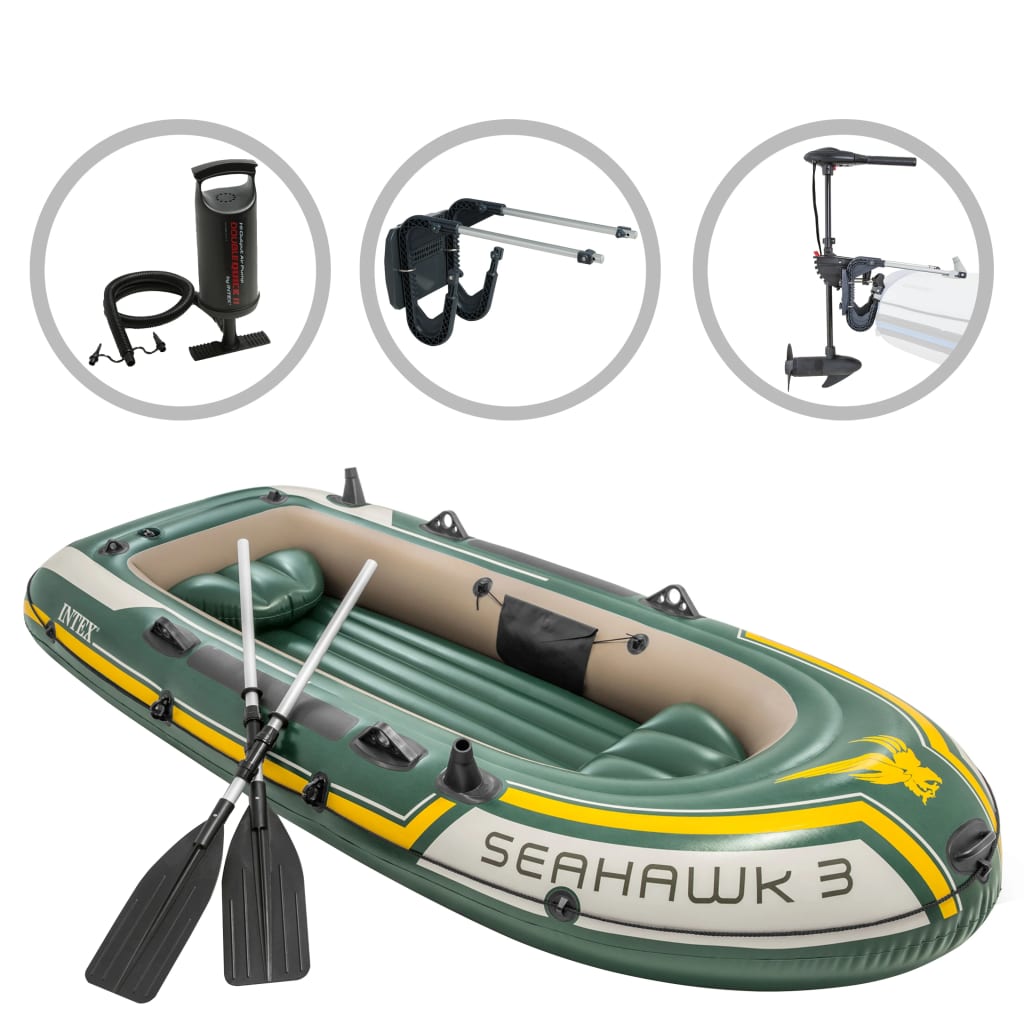 Barco inflável Intex Seahawk 3 com motor de reboque e suporte.