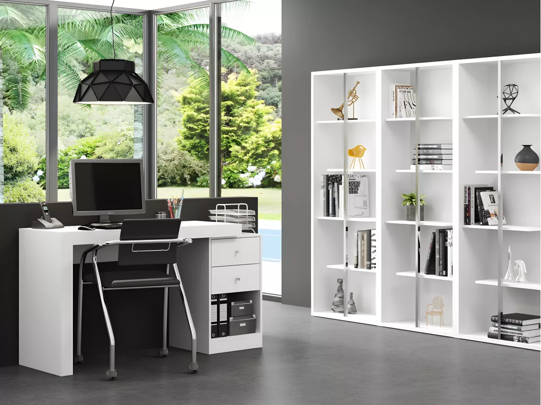 Bureau d'angle - 2 tiroirs et 2 portes - Coloris : Blanc - EVAN