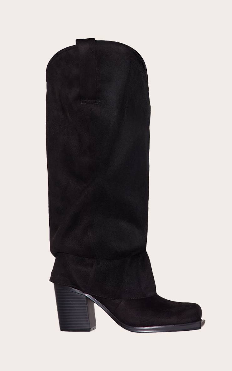 Noir Bottes Western Hautes Au-dessus Du Genou À Talon Bloc En Daim Bout Carré Avec Revers