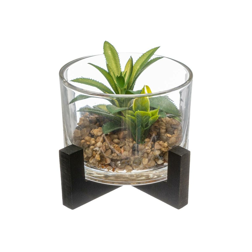 Plante artificielle pot en verre sur support en bois h 12 cm