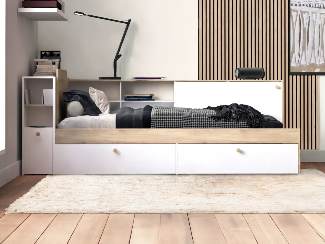 Lit modulable 90 x 190/200 cm avec rangements - Blanc et naturel + Sommier - LIARA