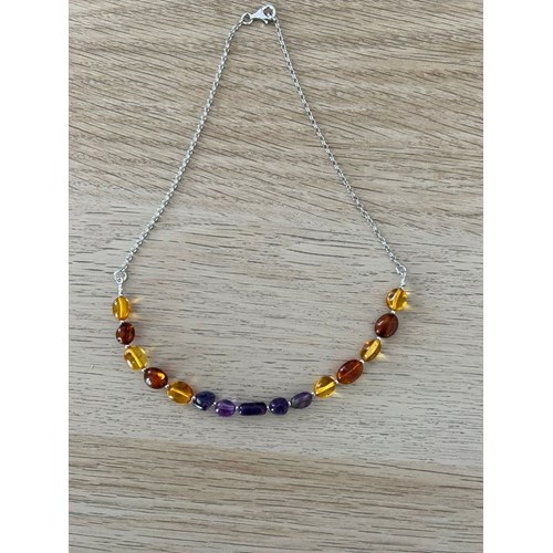 Collier argent, ambre et améthyste