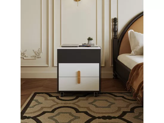 Table de chevet avec port de charge USB, table relevable, poulies amovibles, deux tiroirs, noir + blanc